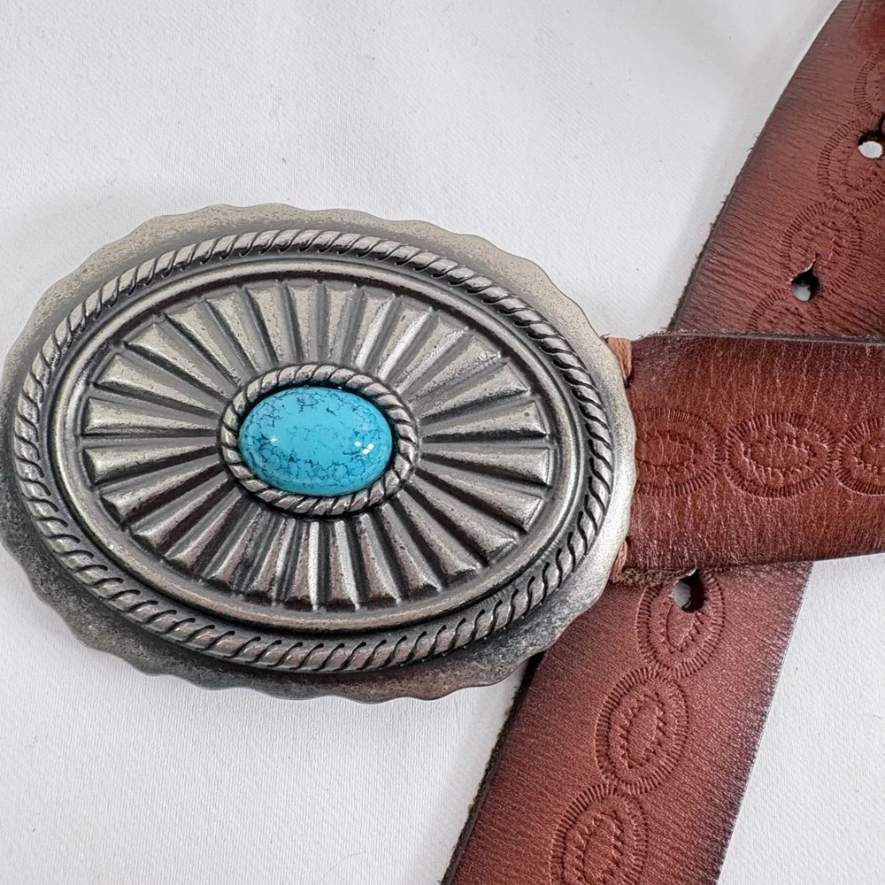 American Eagle Belt Brown Leather Turquoise Buckle Western Boho Women  S